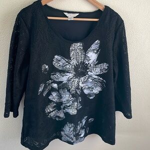 Christopher & Banks women’s top white floral graphic black crochet | size XL